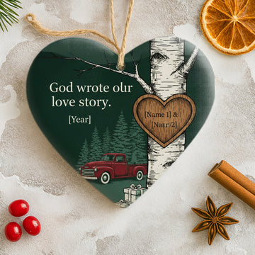 Personalized Couple Christmas Ornament – “God Wrote Our Love Story”, Custom Heart Ornament with Names & Year, Christian Romantic Gift|ONM35