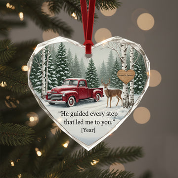 He Guided Every Step Ornament | Personalized Heart Ornament with Red Truck & Deer – Faith and Love Gift|ONM40