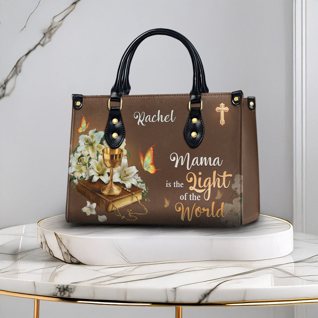HB04-Personalized Christian PU Leather Handbag for Mom – Religious Tote with Bible, Chalice & Flowers – Faith-Based Gift for Mother's Day