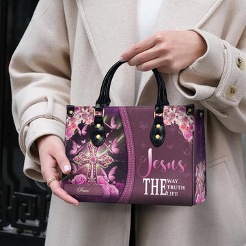 HB79-Christian Handbag for Women – Custom Jesus Tote Bag with Cross and Roses, Faith Bible Verse Gift, Religious Purse