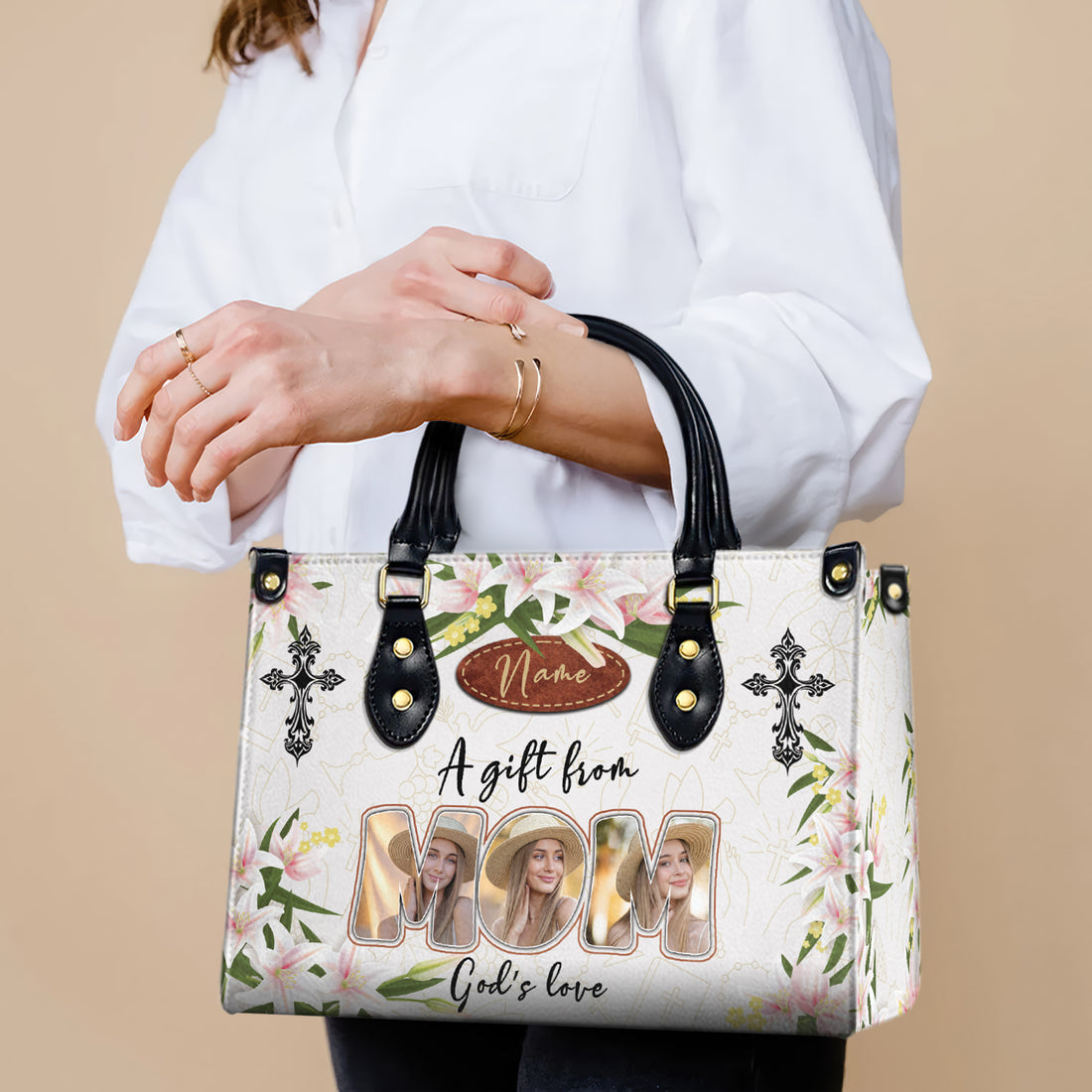 HB83-Custom Name Christian Mom Photo Handbag – A Gift from God’s Love, Personalized Floral Tote Bag for Mother