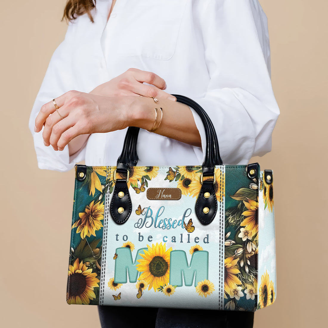 HB98 - Blessed to Be Called Mom Sunflower Handbag – Personalized Christian Floral Tote Bag Gift for Mother’s Day