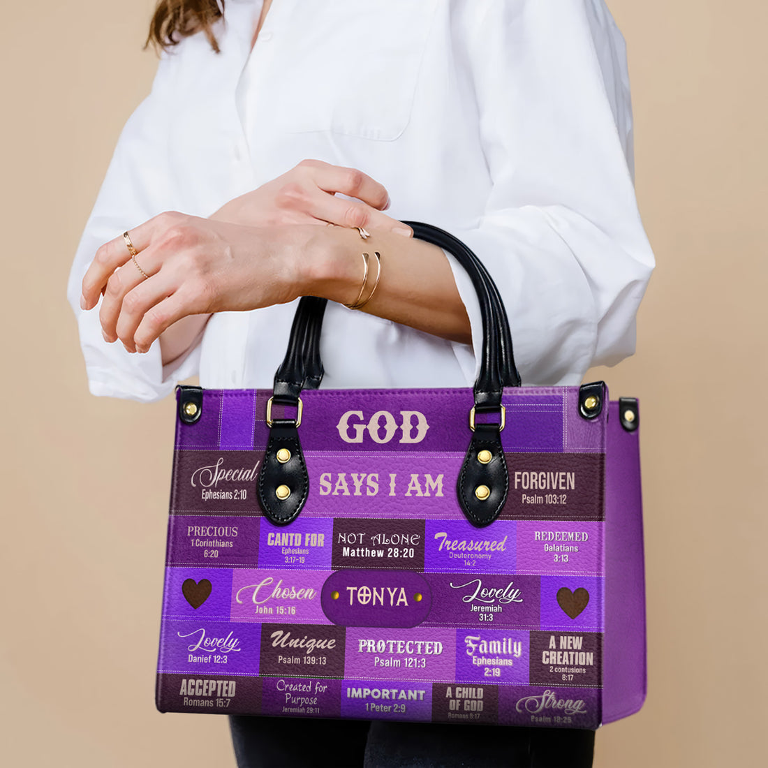 HB71-God Says I Am Christian Handbag – Custom Name Faith Purse for Women – Bible Verse Religious Gift – Purple Scripture Tote