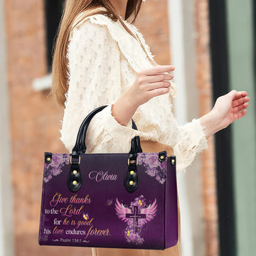 HB68-Give thanks to the lord handbag, psalm 136 1 custom name christian purse, purple cross faith bag gift for religious women