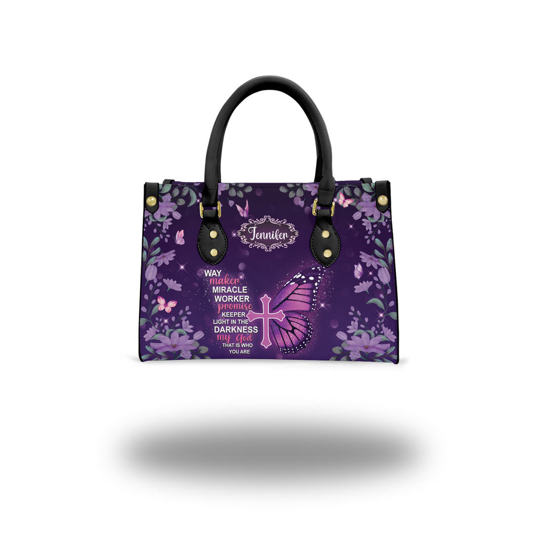 HB95 - Personalized Christian Handbag for Women - Way Maker Miracle Worker Butterfly Cross Faith Purse with Custom Name Gift