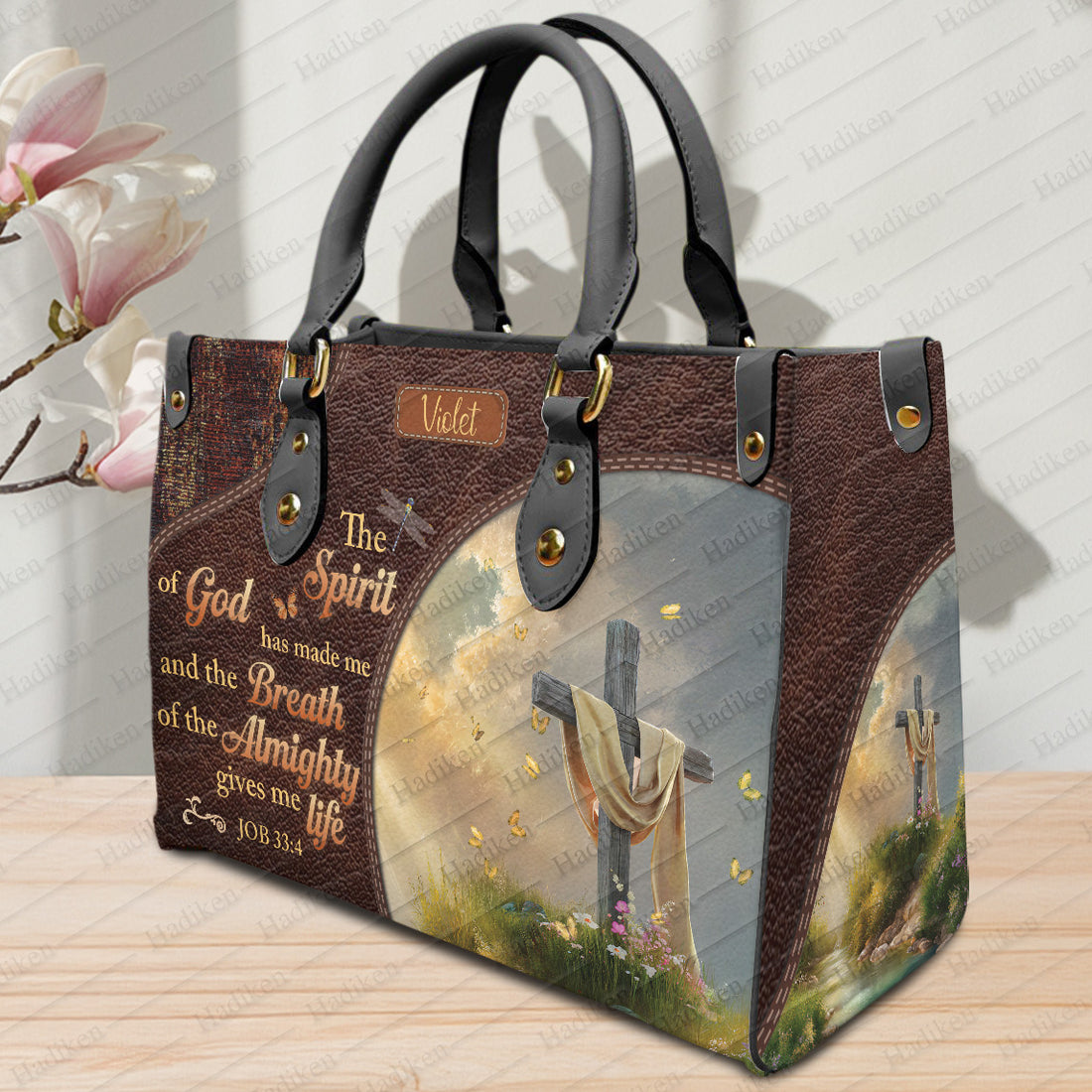 HB99 - Custom Name Christian Handbag – Job 33:4 Scripture Purse – Faith-Based Leather Tote with Cross and Quote Design