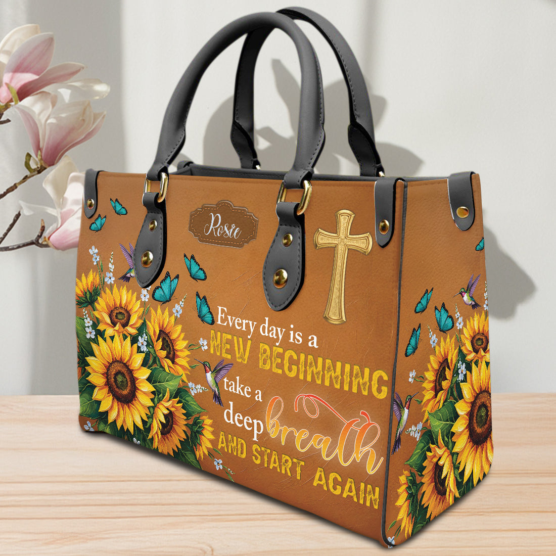 HB139 -It Is Well With My Soul, Christian Handbag, Custom Name, Faith Inspired Leather Purse, Crown and Floral Design