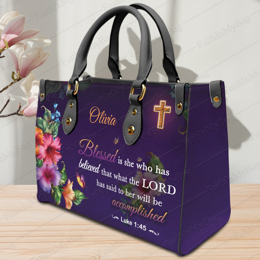 HB52-personalized christian handbag for women with bible verse luke 1 45, custom name floral faith purse, religious gift bag