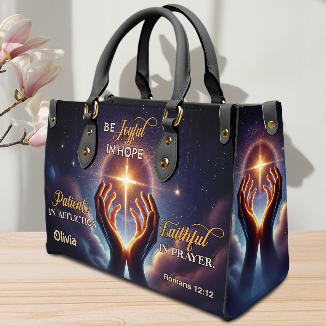 HB57-personalized christian handbag with romans 12 12 verse, custom name prayer purse, joyful in hope faith gift for women