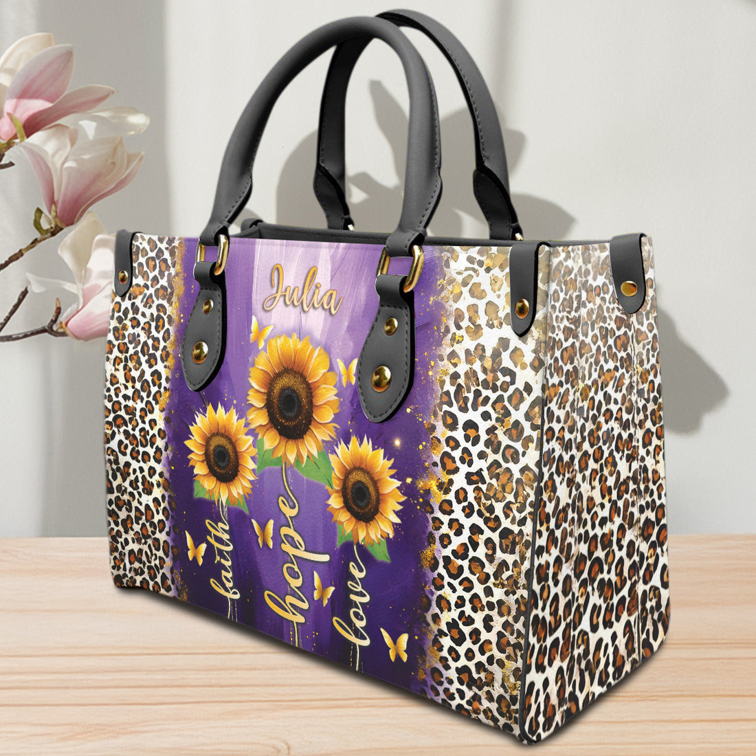 HB19-Personalized Christian Handbag – Faith Hope Love Tote – Purple Sunflower Leopard Purse – Inspirational Gift for Women