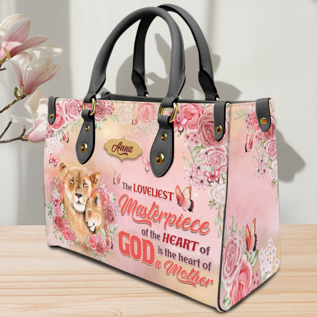 HB35-Personalized Mother’s Faith Handbag, Christian Purse with Name, God and Mom Quote Bag, Religious Gift for Mom, Floral Custom Tote