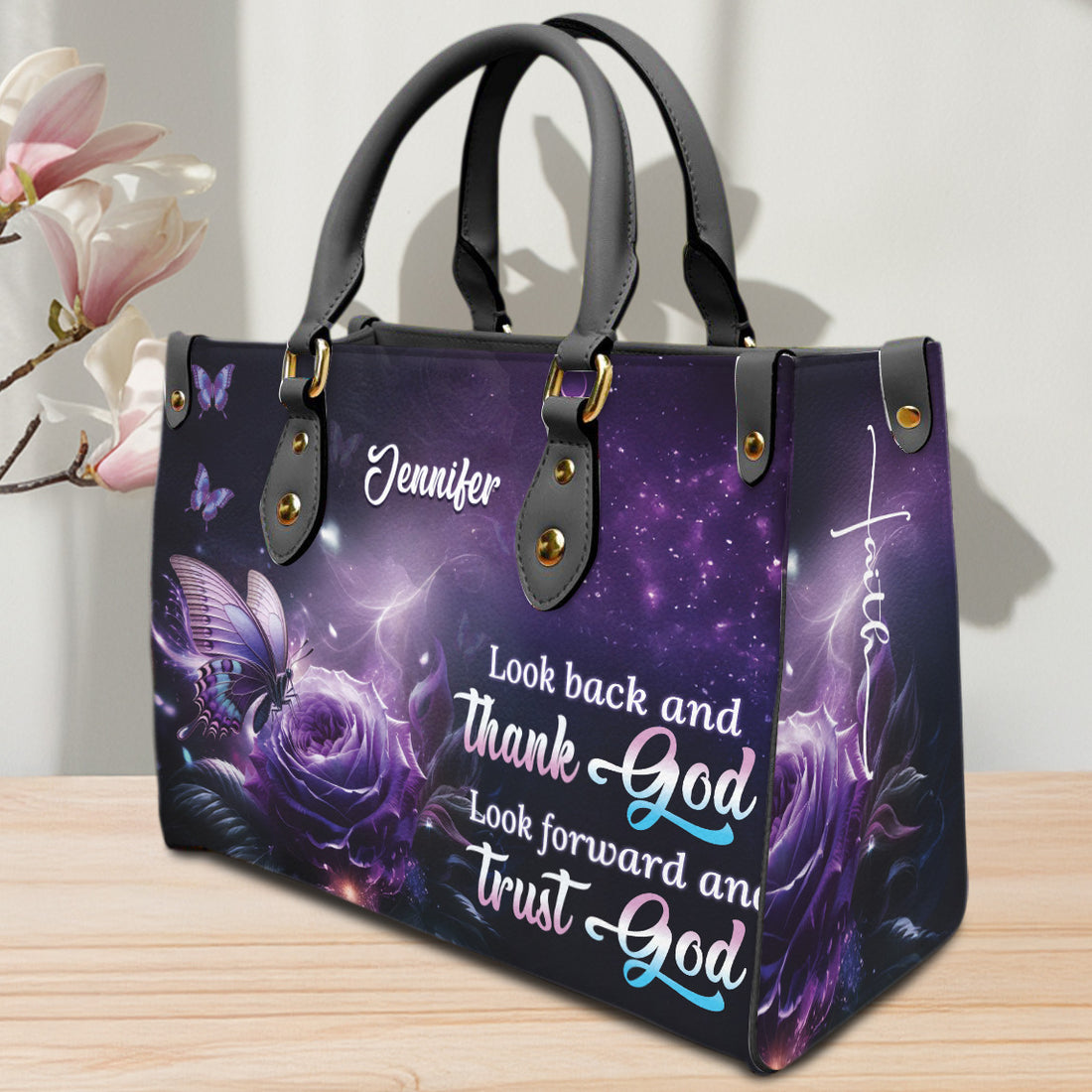 HB18-Personalized Christian Handbag - Thank God & Trust God Tote - Purple Butterfly Rose Purse - Faith Inspirational Gift for Women