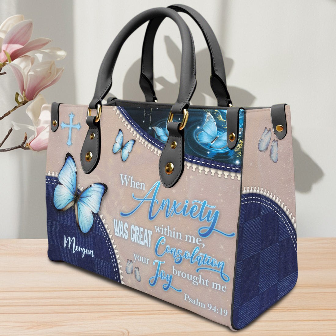 HB128 - Personalized Christian Handbag – Psalm 94:19 Bible Verse Butterfly Purse, Custom Name Faith Bag for Women, Scripture Gift Idea