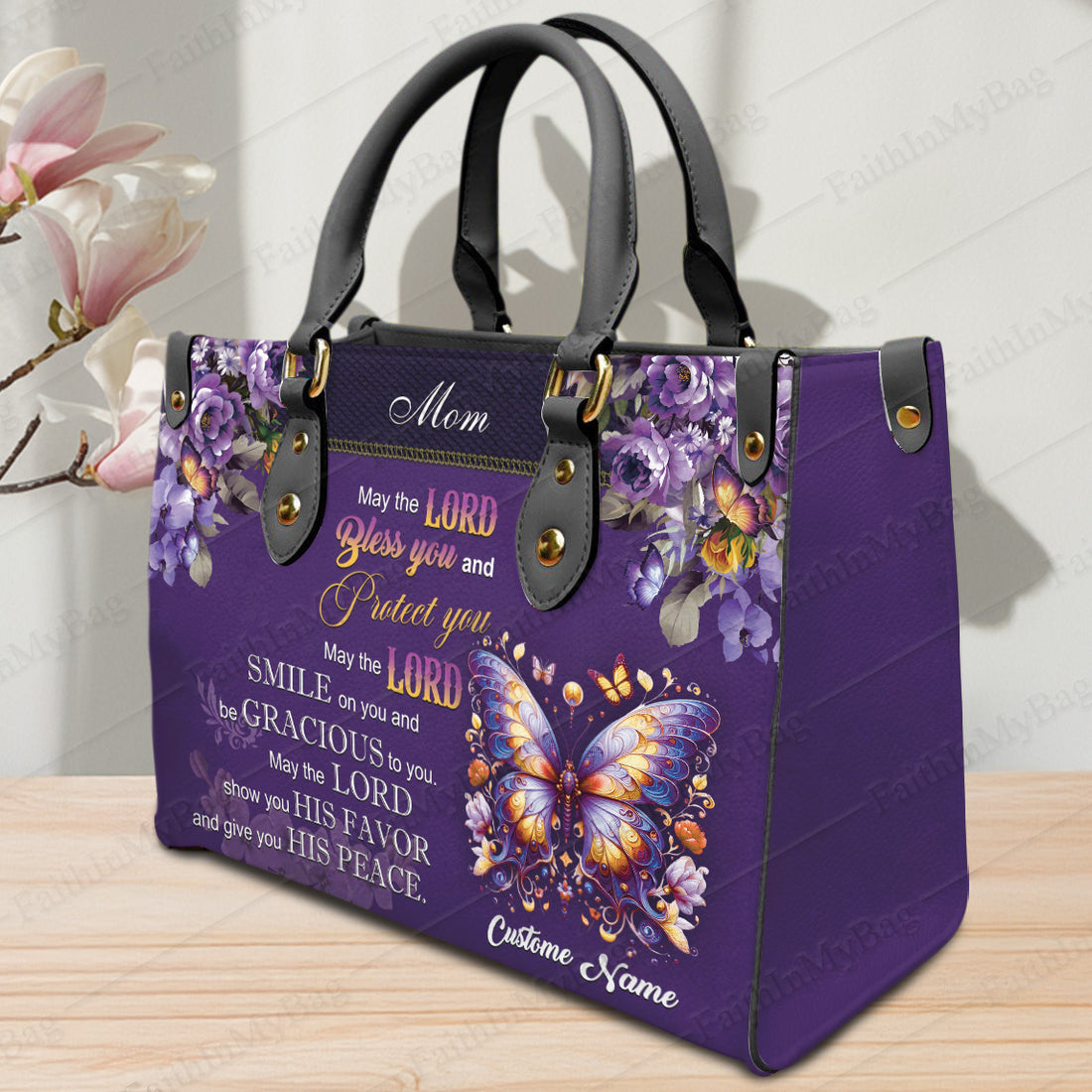 HB50-Christian Mom Handbag with Bible Verse and Butterfly, Personalized Purple PU Leather Purse, Meaningful Faith Gift for Mother