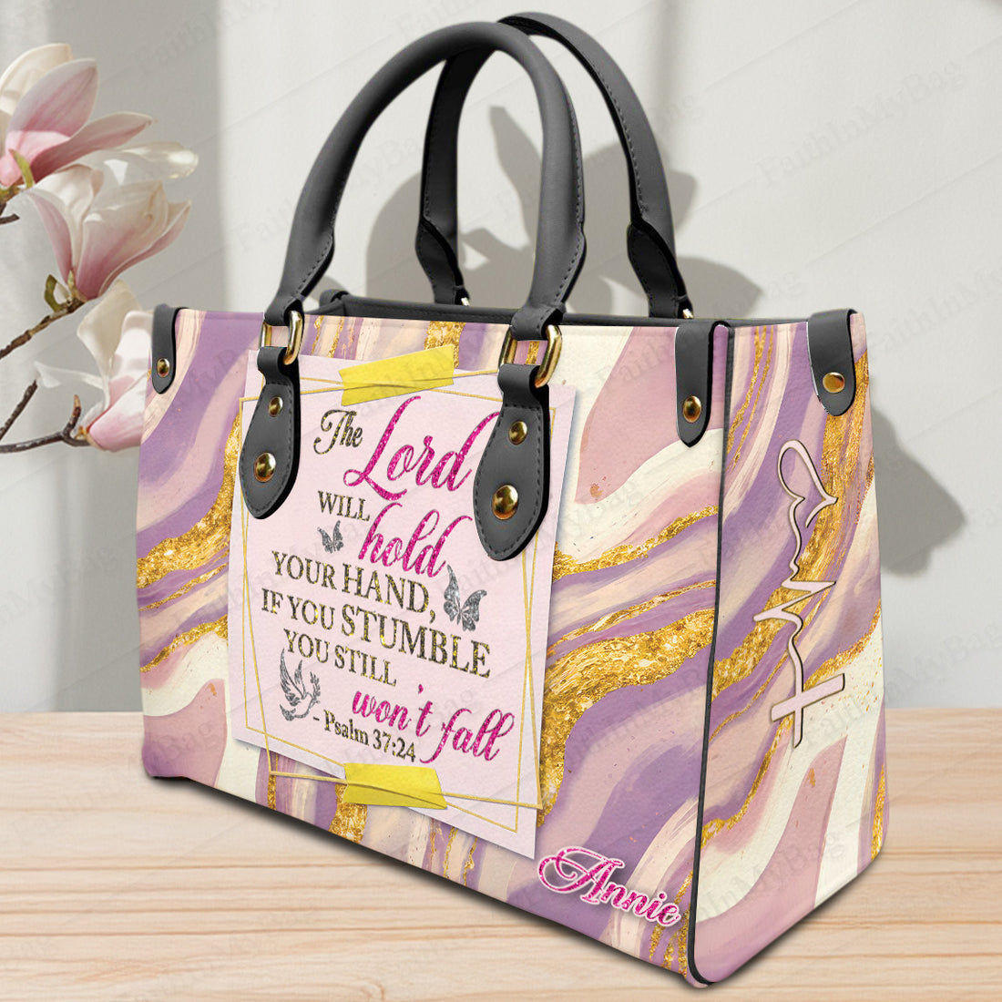 HB137 -Christian Handbag with Bible Verse – The Lord Will Hold Your Hand – Custom Name Faith Gift for Women