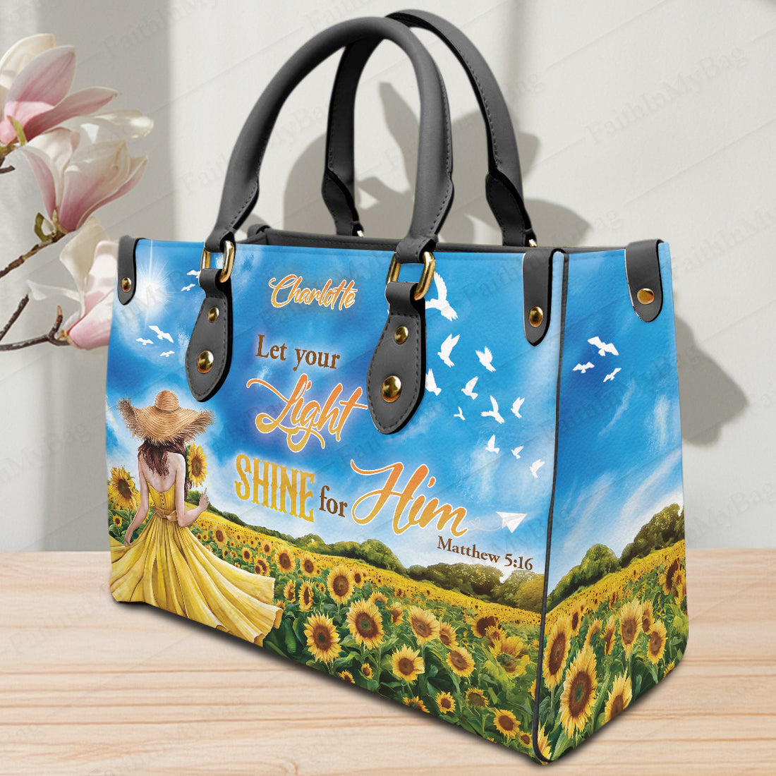 HB138 - Custom Name Christian Handbag – Let Your Light Shine For Him Purse – Matthew 5:16 Bible Verse Bag – Faith Inspired Gift for Women