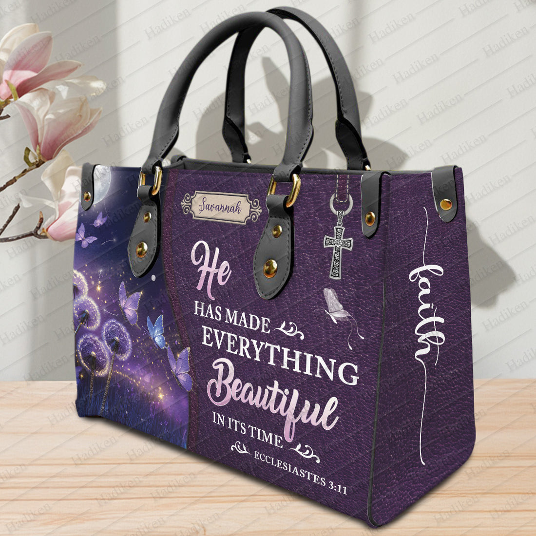 HB103 - Christian Handbag with Ecclesiastes 3:11 Verse, Custom Name Purple Faith Tote, Inspirational Gift for Women of God