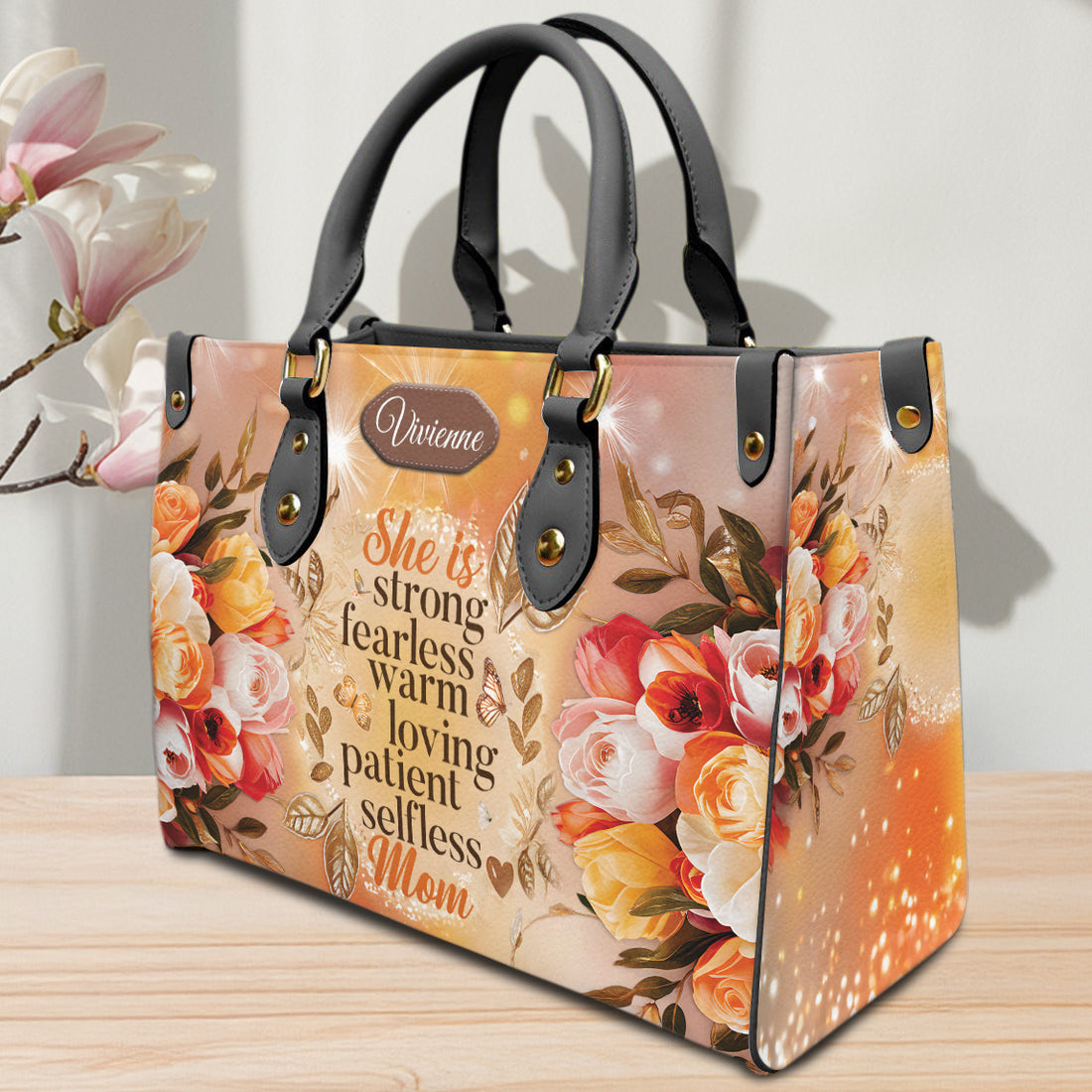 HB91 - Custom Name Floral Handbag for Mom – Strong Fearless Loving Quote Purse – Personalized Mother’s Day Gift – Elegant Christian Tote Bag