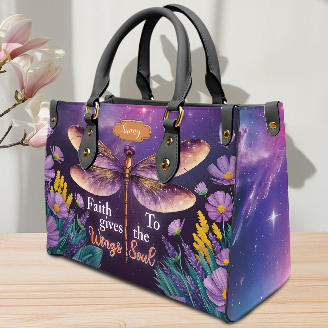 HB141 -Faith Gives Wings to the Soul Christian Handbag, Purple Dragonfly Custom Name Purse, Inspirational PU Leather Bible Verse Gift for Women
