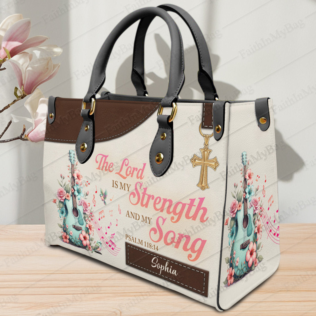 HB112 Christian Handbag with Psalm 118:14, Custom Name Purse, The Lord Is My Strength and Song, Faith Inspired Leather Bag Gift