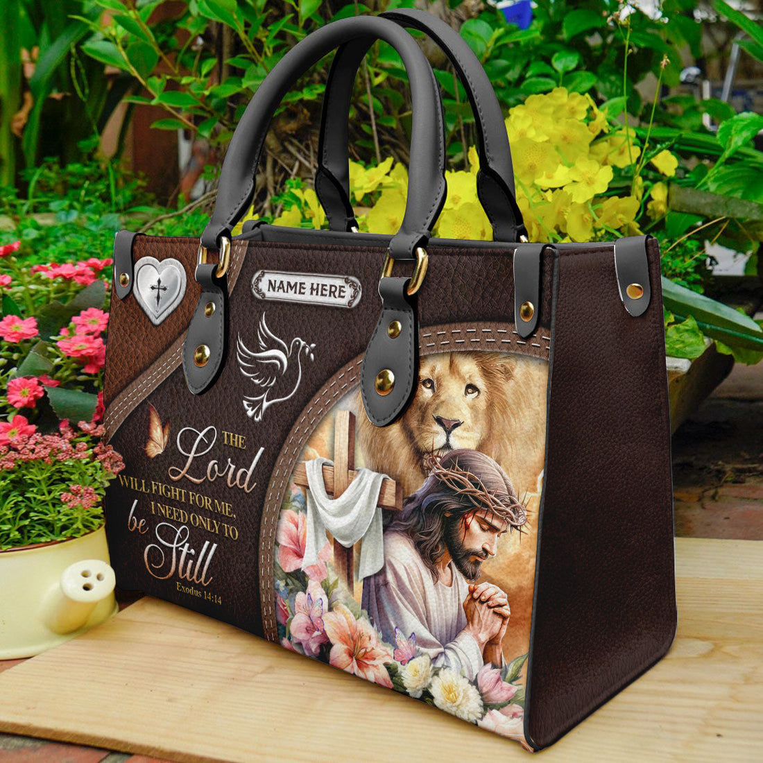 HB92 - Christian Handbag for Women – The Lord Will Fight For Me Be Still Custom Name Leather Purse – Religious Gift for Her
