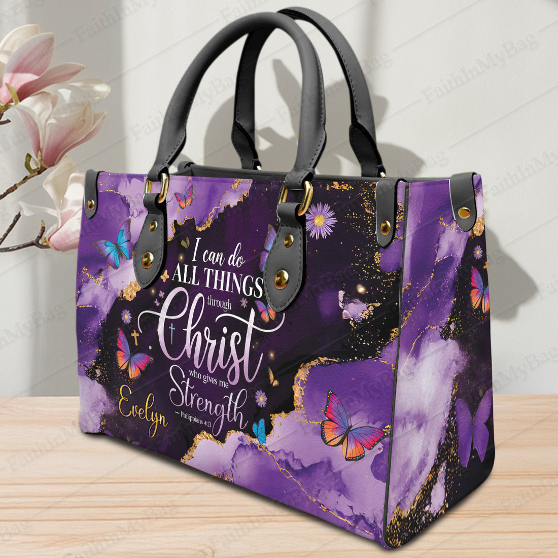 HB09-Personalized Christian PU Leather Handbag - Custom Name Philippians 4:13 Bible Verse Tote - Faith-Inspired Purse, Religious Gift for Women