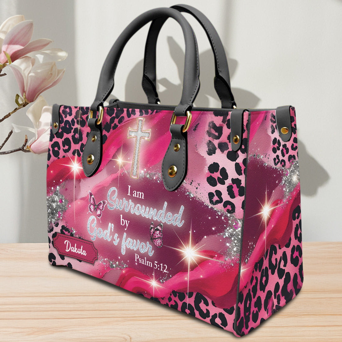 HB143 - Christian Handbag with Psalm 5:12 – I Am Surrounded by God's Favor – Personalized Name, Faith-Inspired Gift for Women