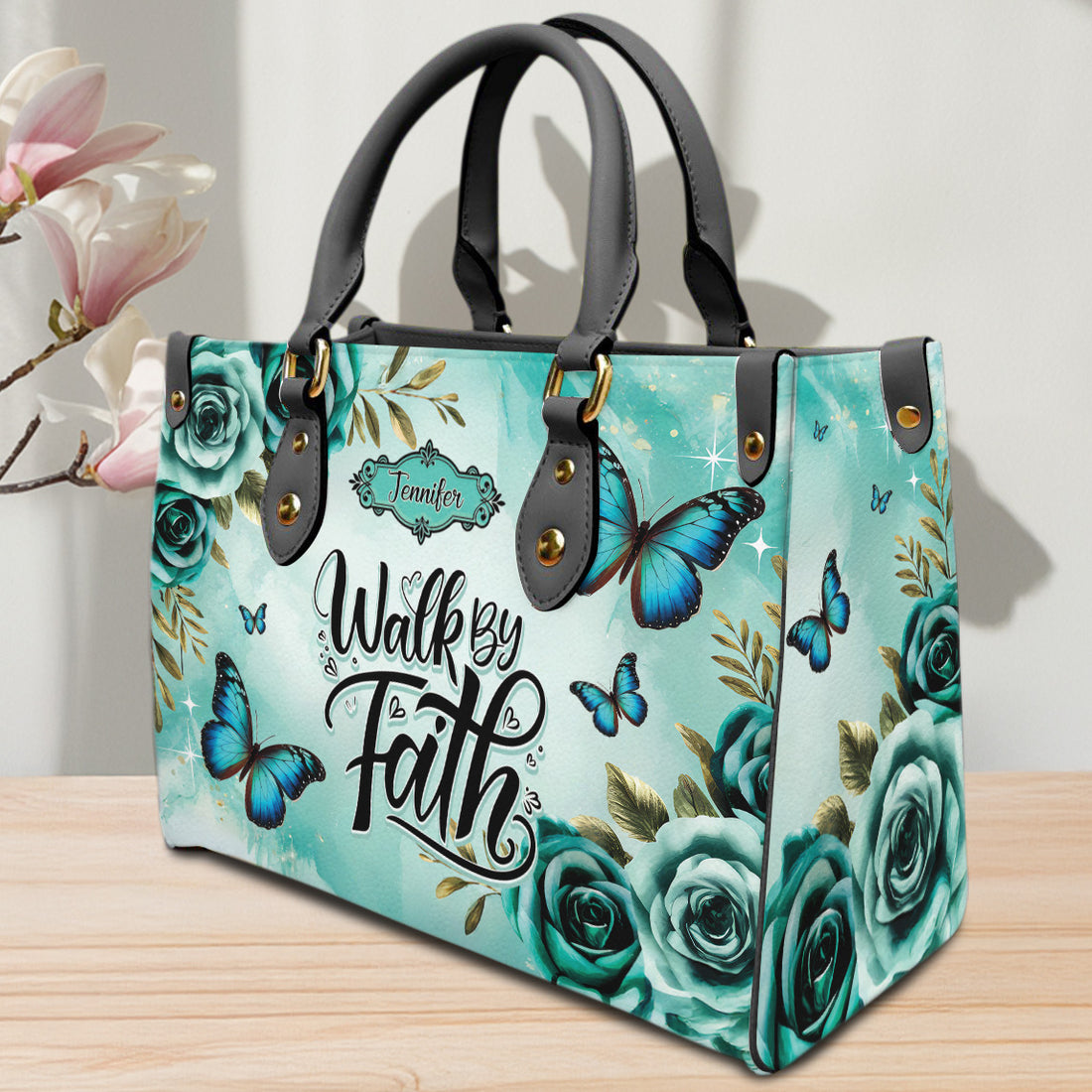 HB22-personalized christian handbag – walk by faith butterfly purse – teal floral religious gift for women