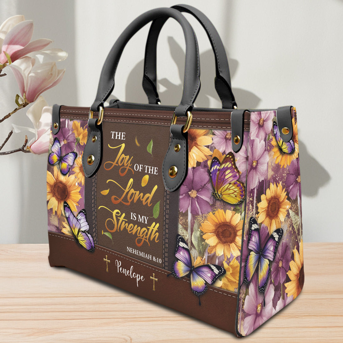 HB109 - Custom Christian Handbag with Bible Verse – Nehemiah 8:10 – Faith Leather Tote Bag – Joy of the Lord Personalized Purse