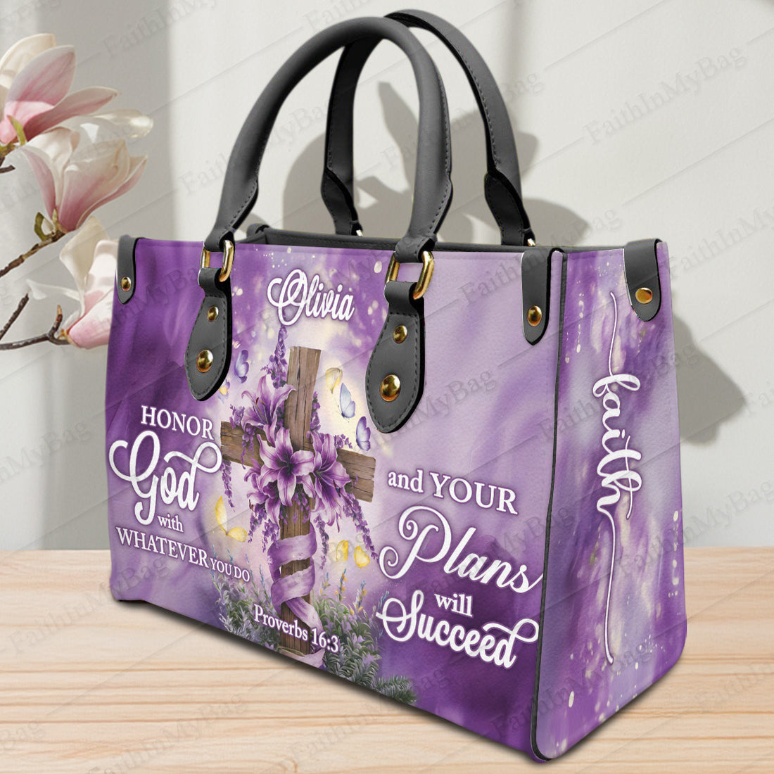 HB74-Custom Christian Handbag for Women - Proverbs 16:3 Bible Verse Purse - Personalized Faith Bag with Cross and Name - Gift for Her
