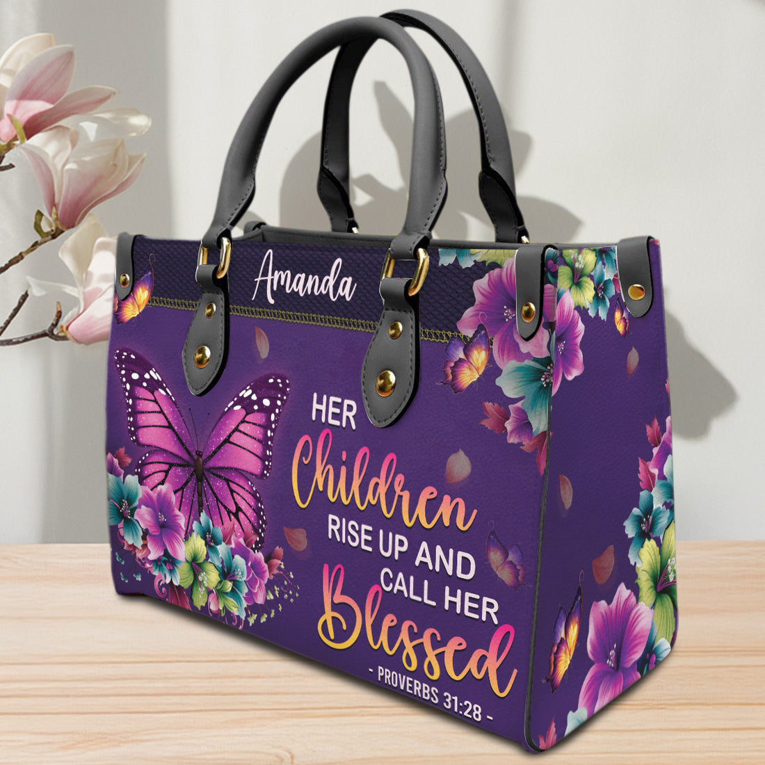 HB15-Custom Name Christian Leather Handbag – Personalized Religious Handbag for Women, Christian Cross & Butterfly Bag, Faith-Based Gift for Her