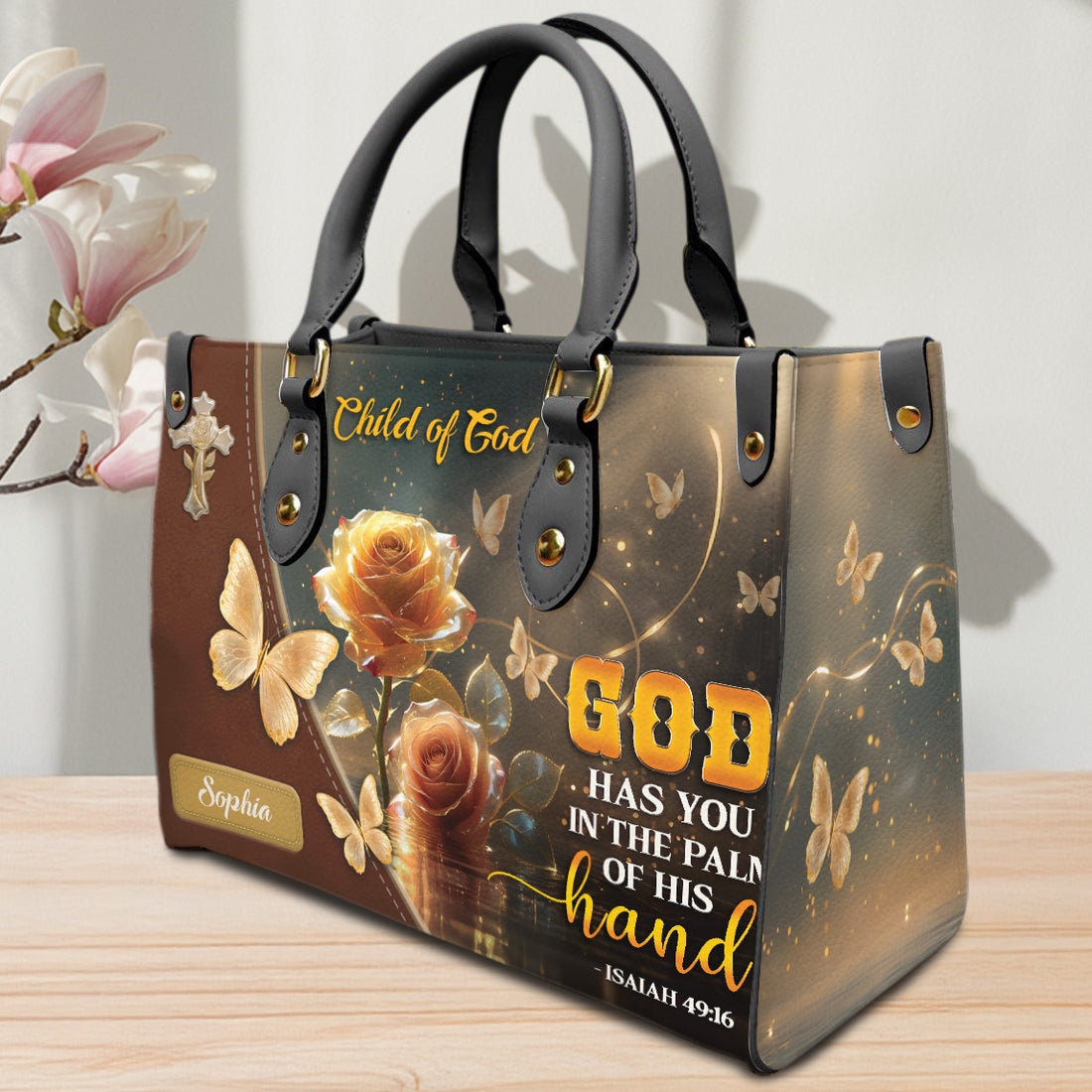 HB69-psalm 136 1 christian handbag, give thanks to the lord custom name purse, purple cross floral faith bag gift for god loving women