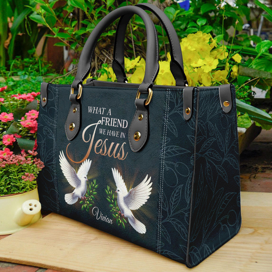 HB96 - Personalized Christian Handbag – What a Friend We Have in Jesus with Doves | Custom Name Faith Purse for Women