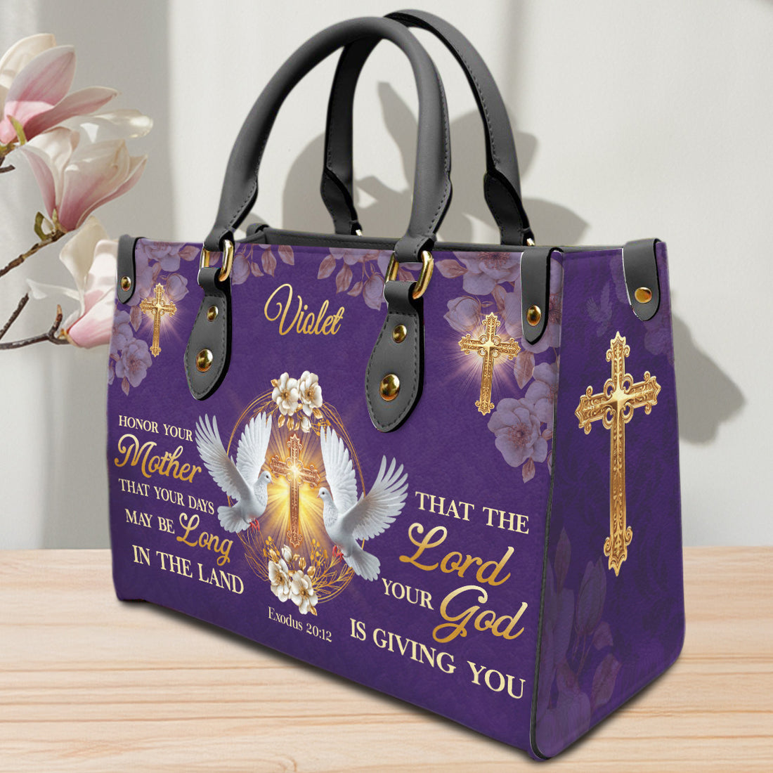 HB38-Personalized Christian Handbag for Women, Faith Bag with Bible Verse Exodus 20:12, Religious Gift for Mom