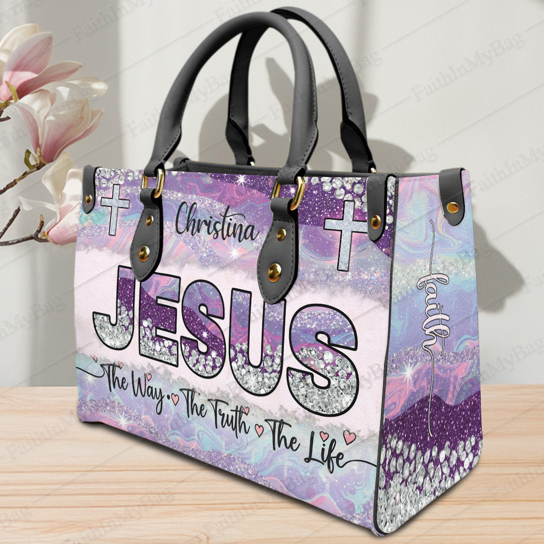 HB120 Custom Name Christian Handbag – Jesus The Way The Truth The Life Bag for Women – Religious Gift Purse – Faith-Based Tote with Cross Design