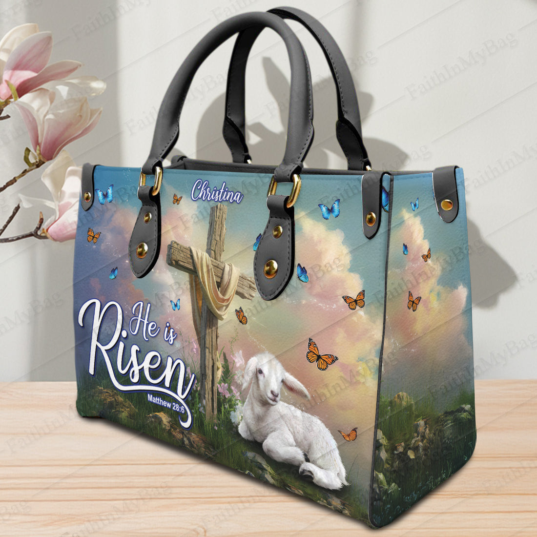 HB23-Custom Name Christian Leather Handbag - He Is Risen Easter Bag, Jesus Cross, Lamb, Personalized Religious Gift for Women, Mom, Jesus Lovers.