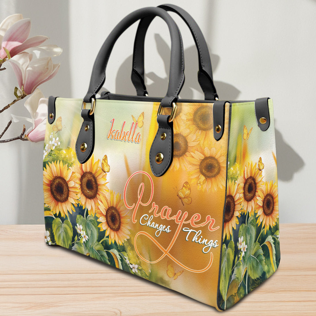 HB117 Custom Name Christian Handbag, Prayer Changes Things Sunflower Purse, Faith Inspired Religious Bag for Women, Personalized Gift