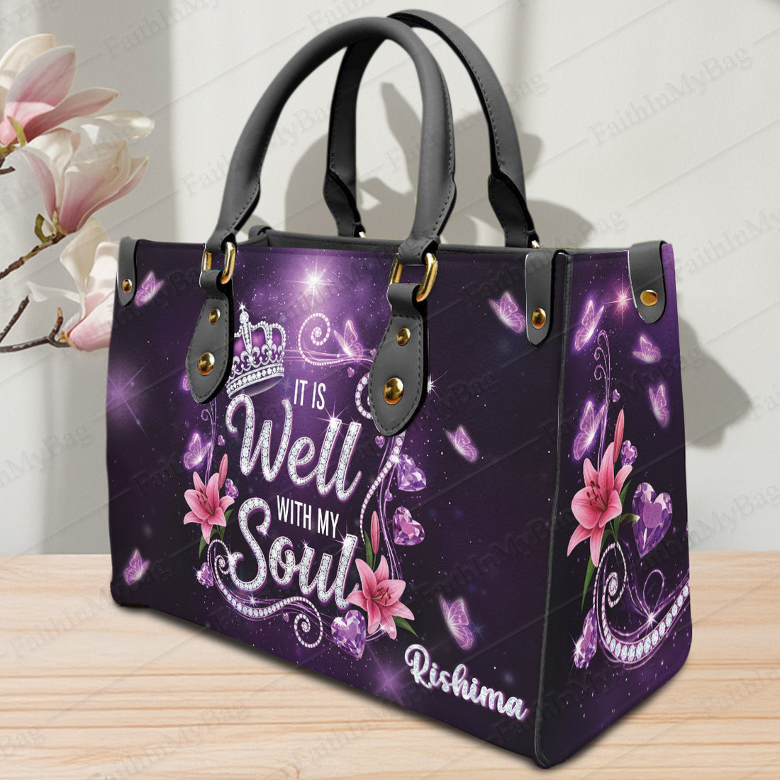 HB107 -It Is Well With My Soul, Christian Handbag, Custom Name, Faith Inspired Leather Purse, Crown and Floral Design