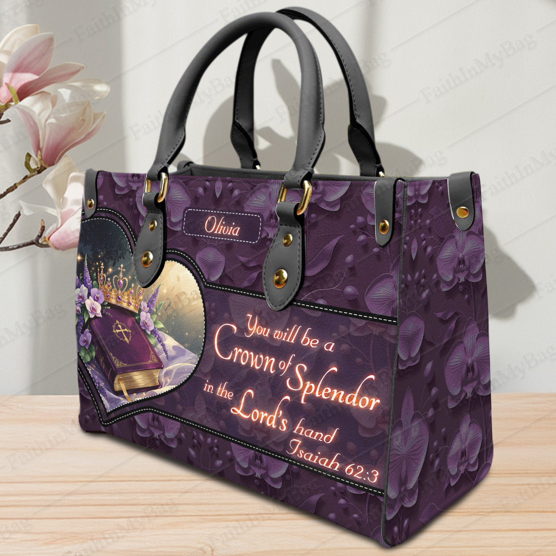HB111 - Personalized Christian Handbag – Isaiah 62:3 Bible Verse Leather Tote – Custom Name Faith Gift for Women