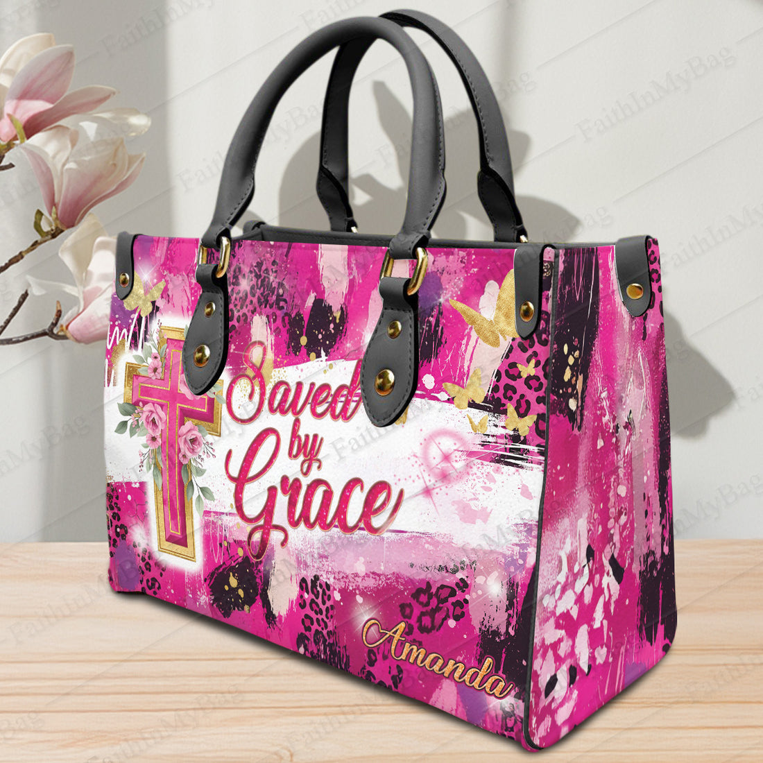 HB101-Custom Christian Handbag for Women, Saved by Grace Faith Tote Bag, Personalized Bible Verse Gift in Pink