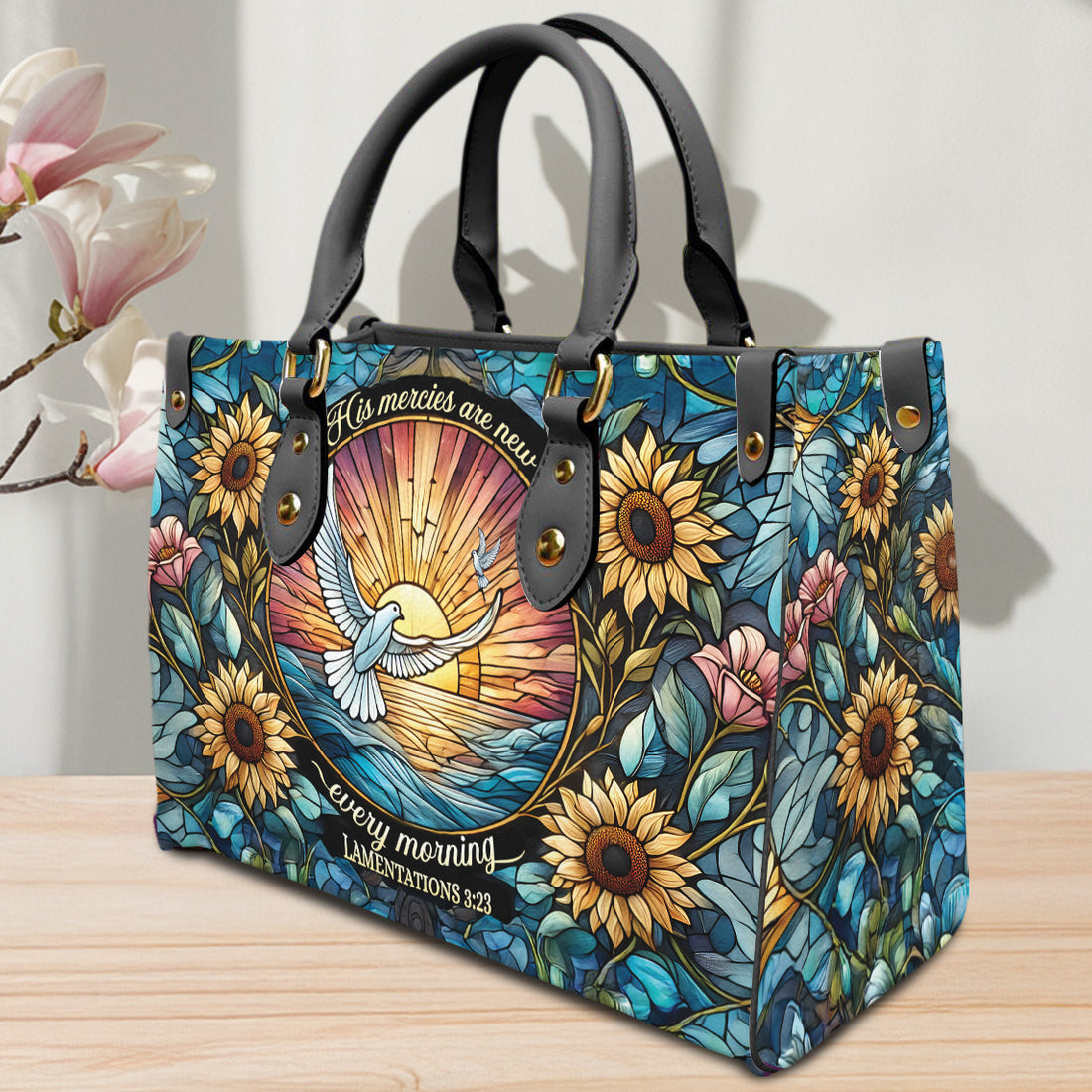 HB11-Christian Leather Handbag, His Mercies Are New PU Leather Purse, Bible Verse Tote Bag, Faith-Based Gift, Floral Sunflower Handbag for Women