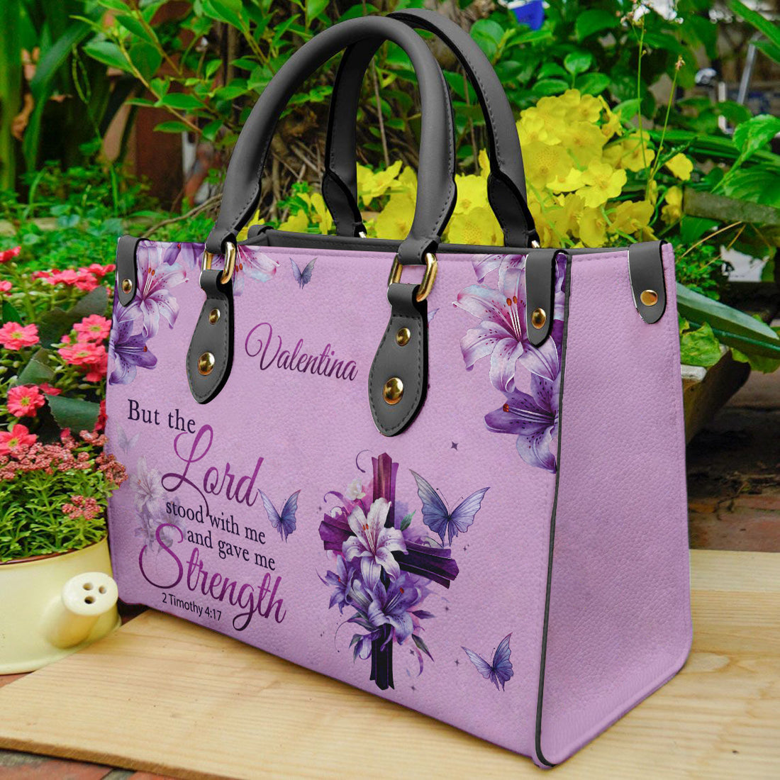 HB65-custom name christian handbag for women, lavender cross floral purse with butterflies, 2 timothy 4 17 verse the lord gave me strength bag