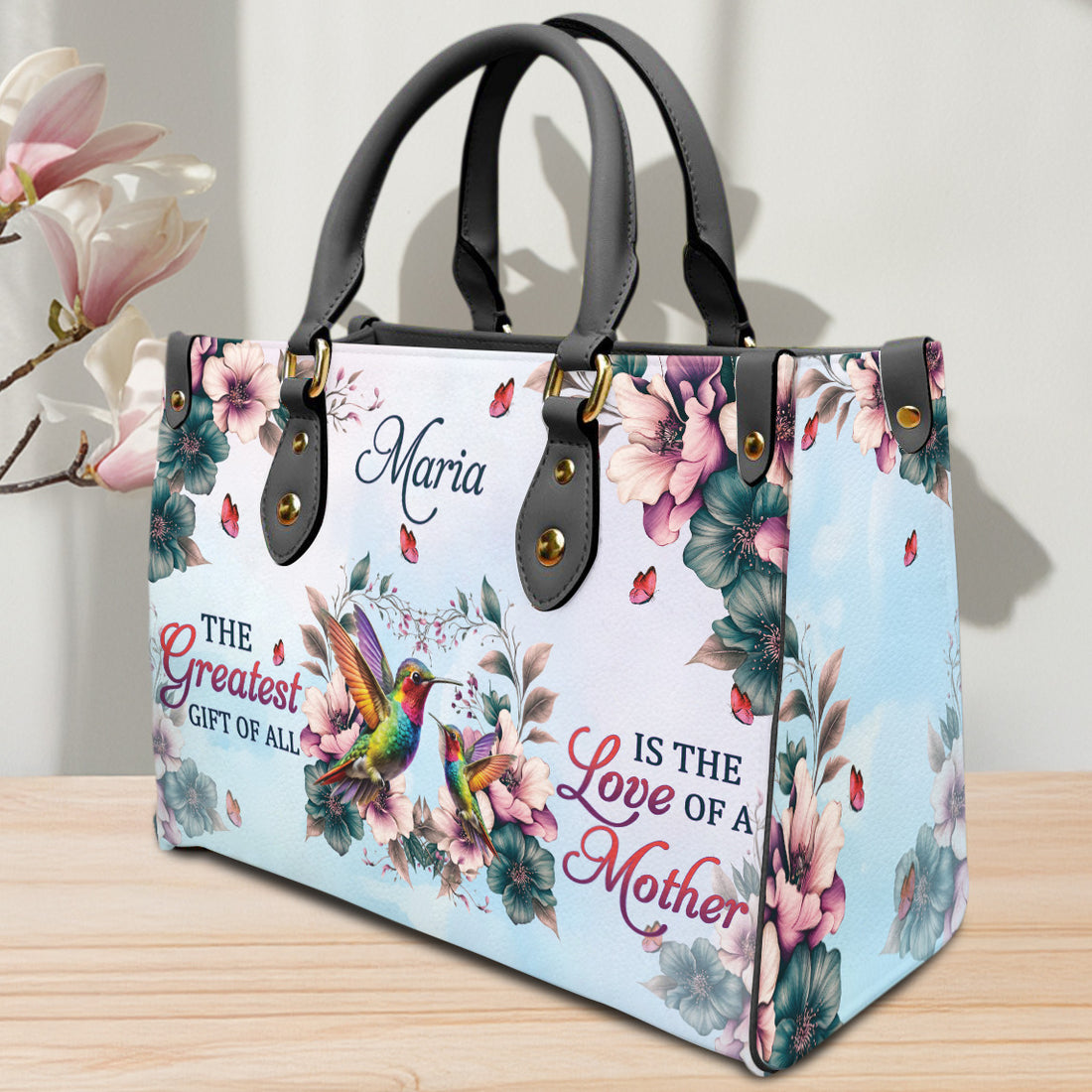 HB02-Personalized PU Leather Handbag for Mom - Hummingbird & Floral Design - Mother’s Love Quote - Elegant Tote Bag - Thoughtful Gift for Women