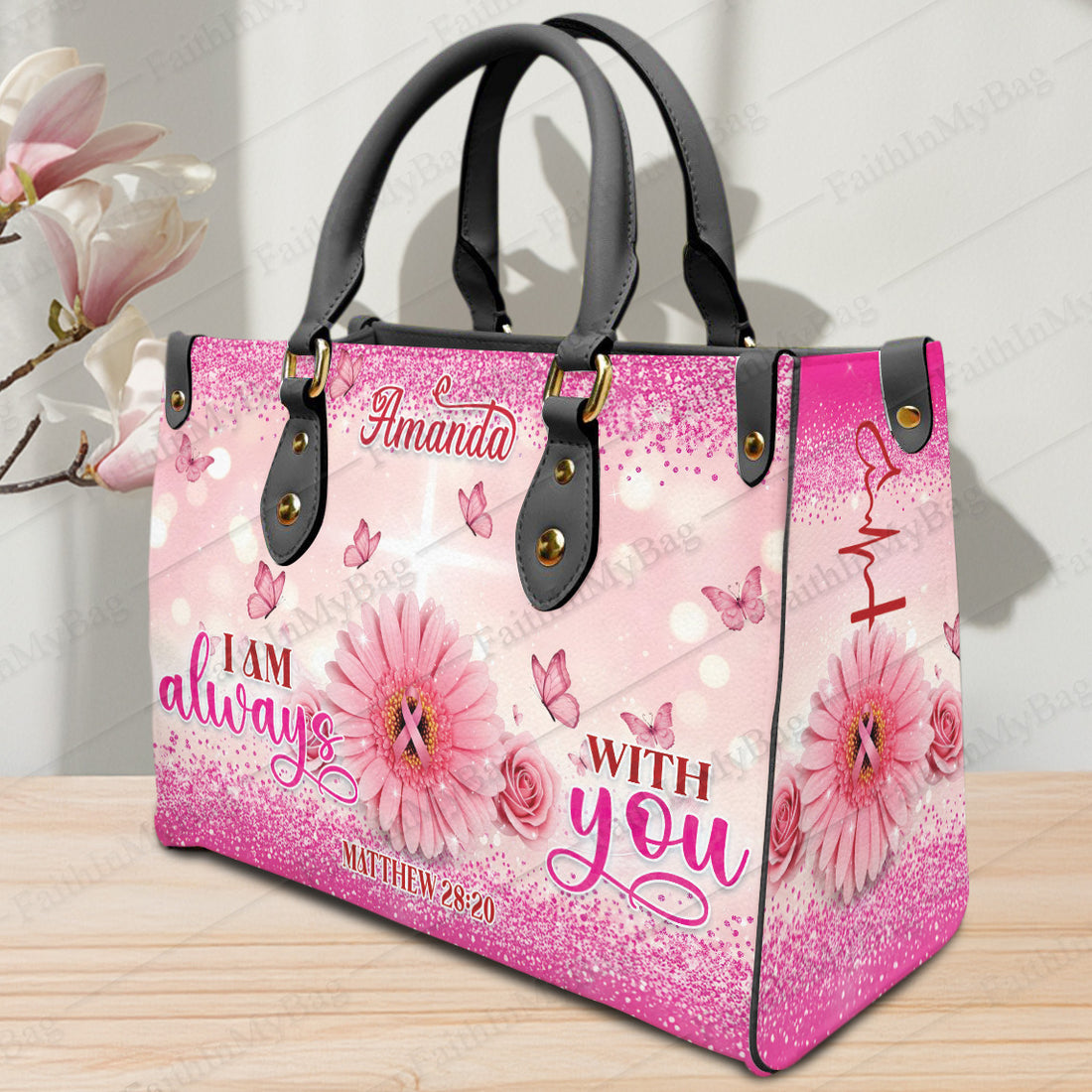 HB114 Custom Name Christian Handbag – I Am Always With You – Matthew 28:20 Bible Verse Purse, Breast Cancer Gift