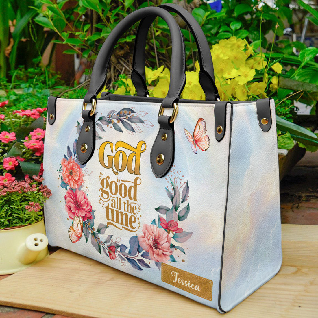 HB70-God Is Good All The Time Floral Handbag – Christian Custom Name Tote Bag, Bible Verse Purse, Religious Gift for Women