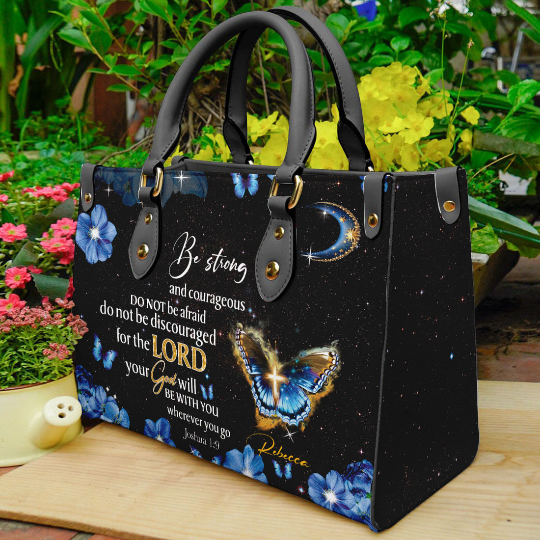 HB60-custom name christian handbag for women, butterfly and flower purse with joshua 1 9 verse, be strong faith scripture bag