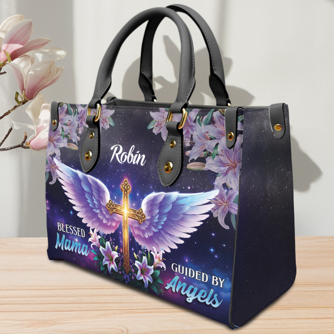 HB08-Personalized Christian PU Leather Handbag - Blessed Mama Guided by Angels Cross Wings Tote Bag Gift for Mom, Religious Purse