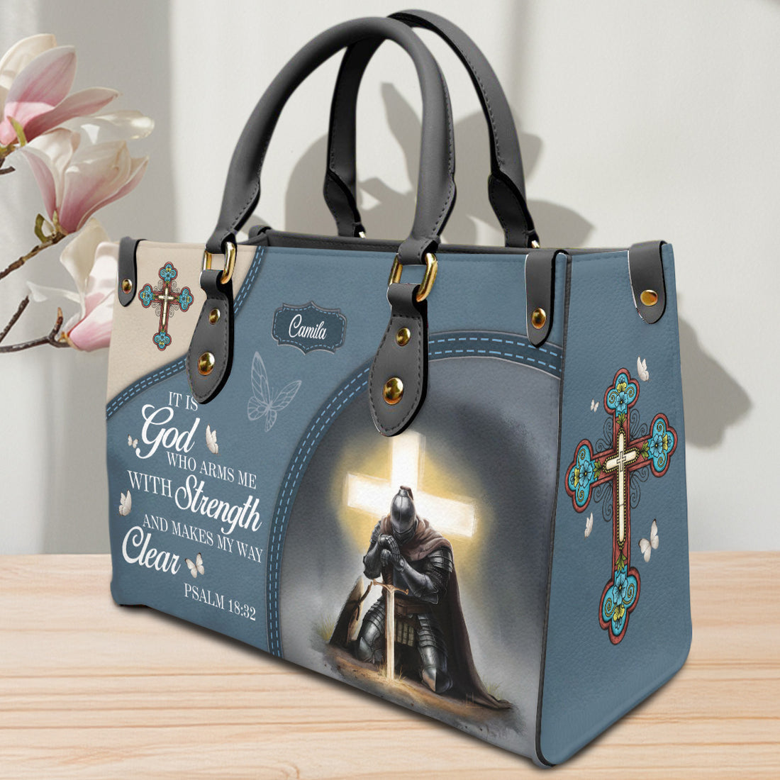 HB105 Psalm 18:32 Christian Handbag – Custom Name Bible Verse Purse with Knight and Cross, Faith Gift for Women