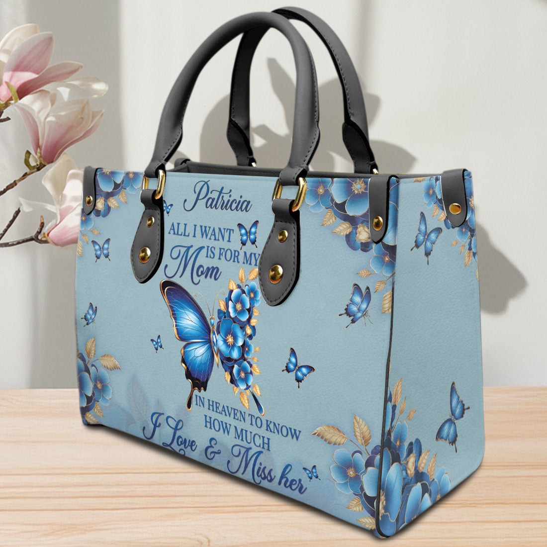 HB16-Custom Name Memorial Leather Handbag – "All I Want is for My Mom in Heaven" , Personalized Butterfly Handbag, Sympathy Gift for