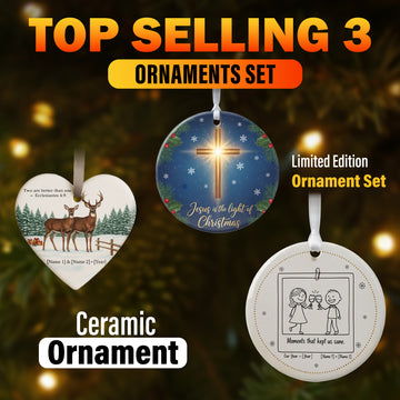 Personalized Ceramic Christmas Ornament Set of 3 | Holiday Ornament Bundle | Faith Deer Cross Family Design | Custom Gift Decor|ONMCB09
